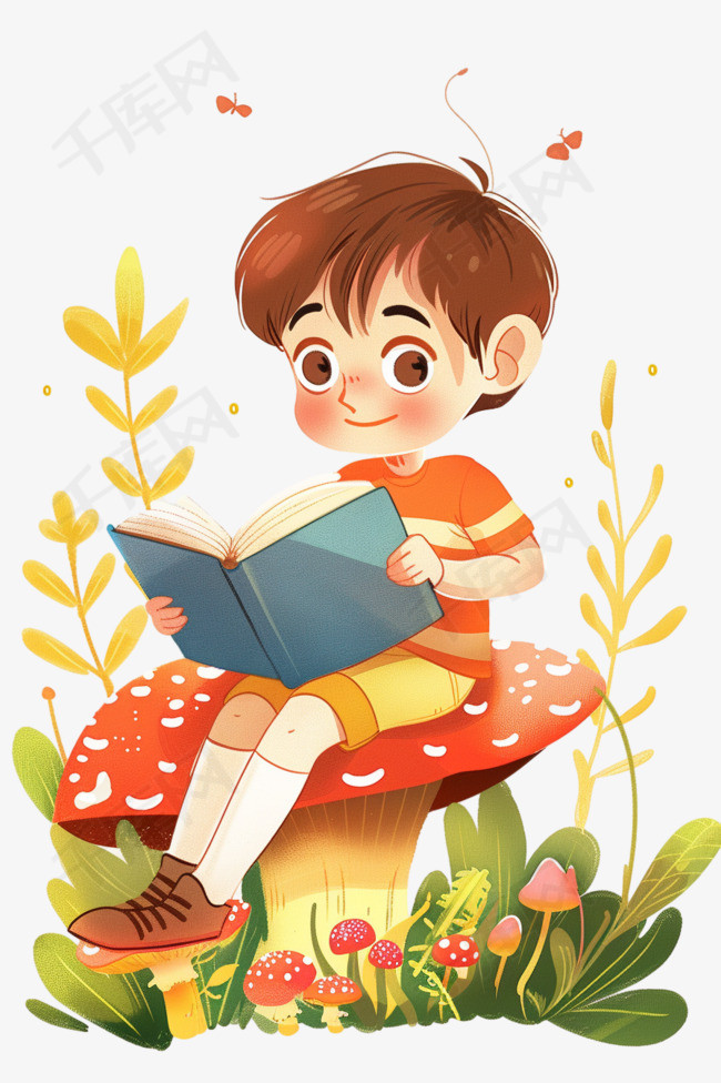 可爱男孩看书草地手绘元素卡通