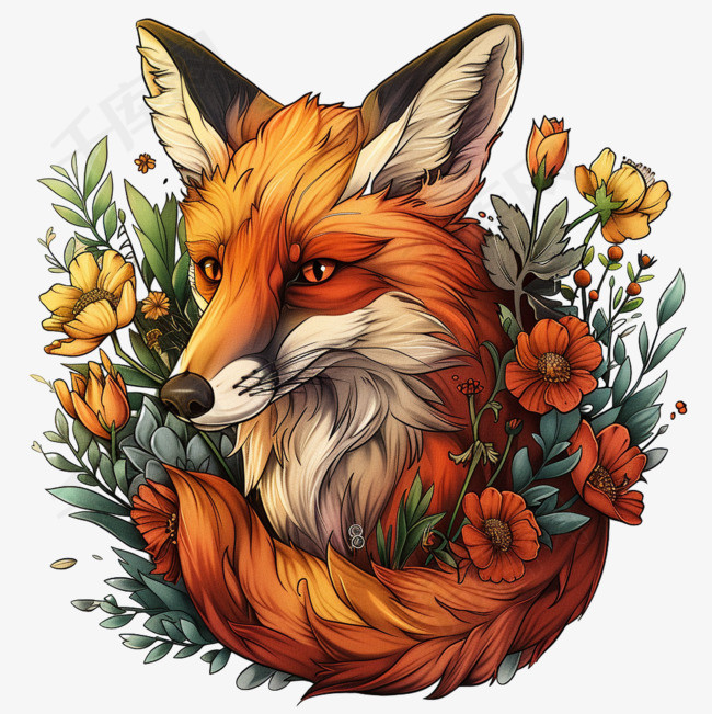可爱狐狸植物手绘插画元素春天免