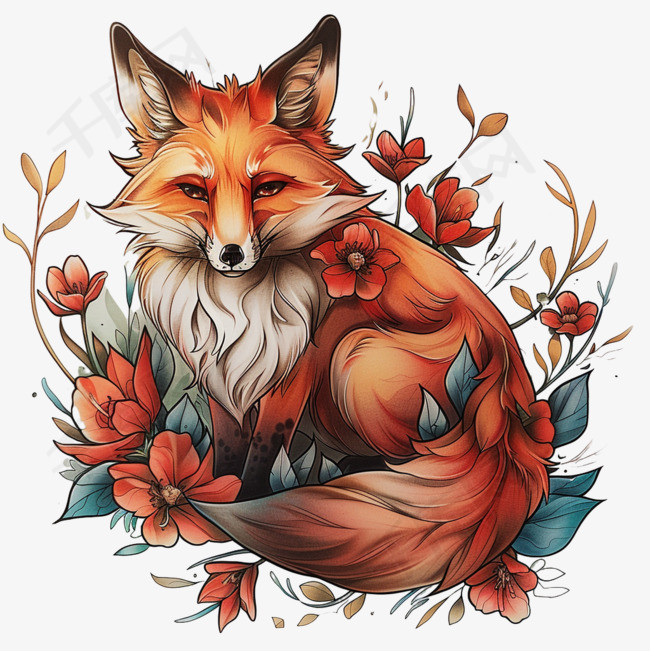 可爱狐狸植物手绘春天插画元素免