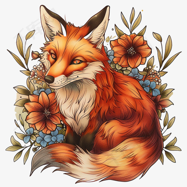 可爱狐狸植物手绘插画元素免抠春