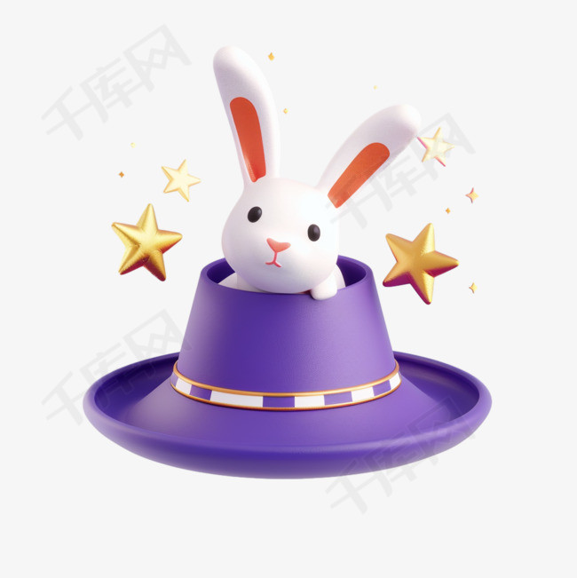 3d愚人节紫色魔术帽里的小兔子