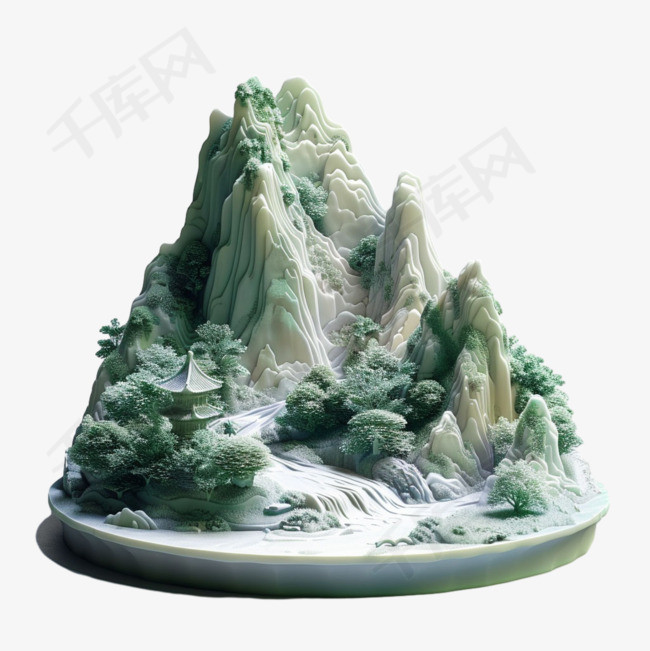 山水雕刻元素立体免抠图案