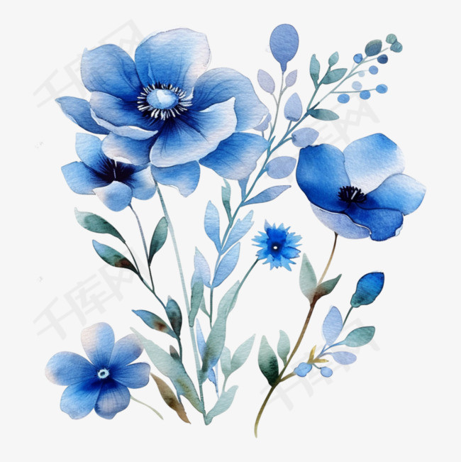 蓝色水彩花朵插画装饰元素