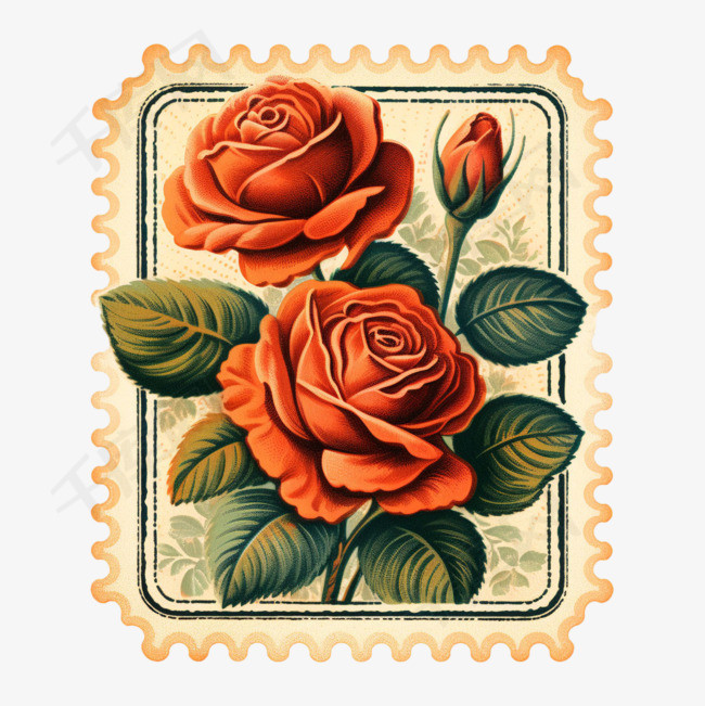 邮票玫瑰元素立体免抠图案