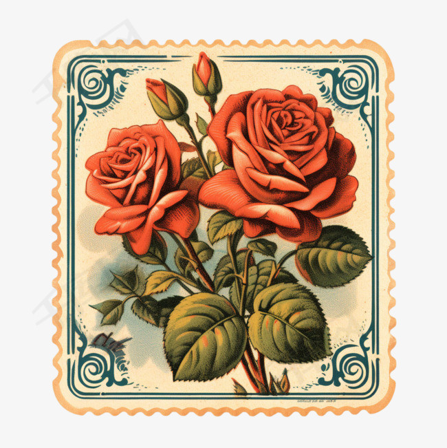 邮票玫瑰元素立体免抠图案