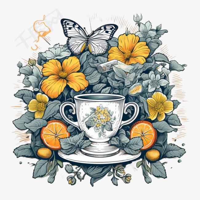 茶杯蝴蝶元素立体免抠图案