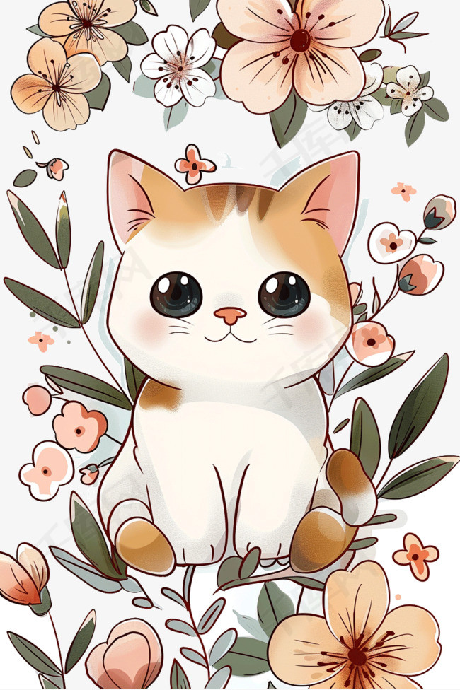 可爱小猫春天卡通花朵手绘元素