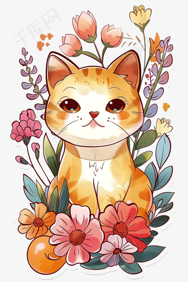 可爱小猫手绘春天花朵卡通元素