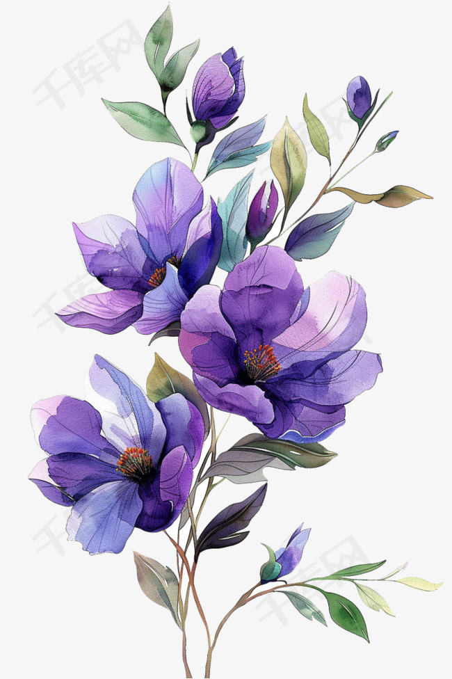 花朵紫色花免抠手绘元素春天