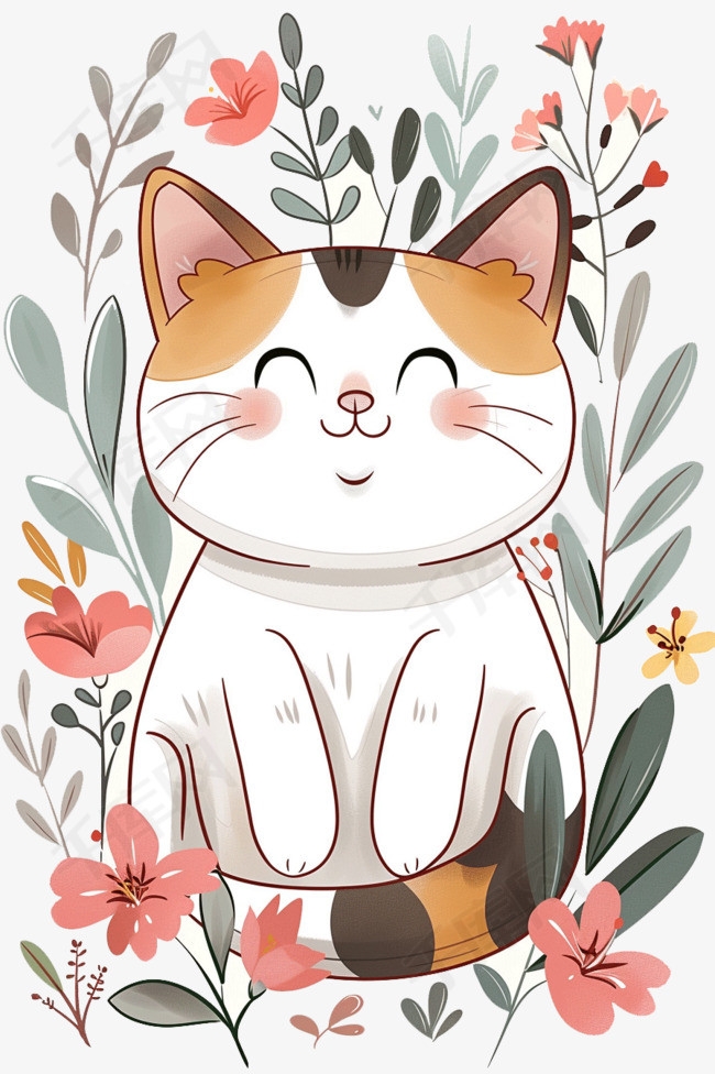 可爱小猫春天花朵卡通元素手绘