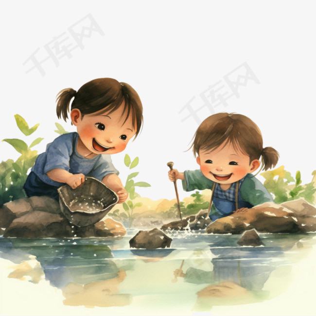 湖泊儿童元素立体免抠图案