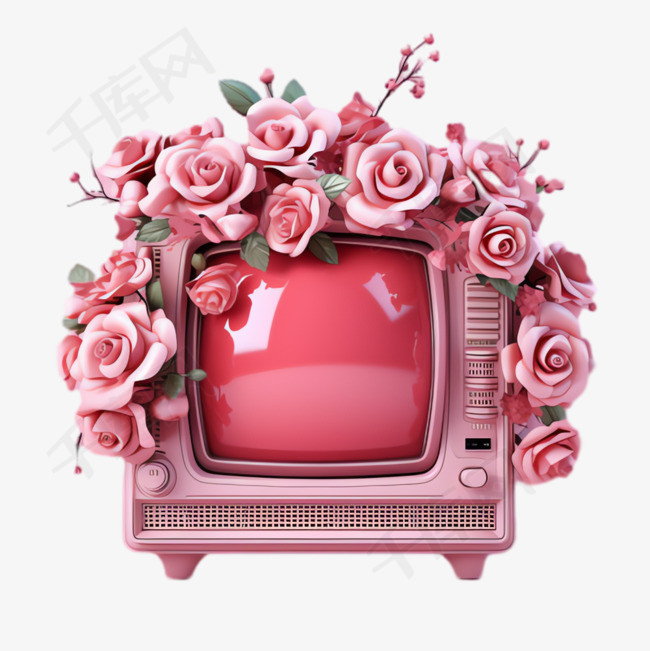粉玫瑰电视机元素立体免抠图案