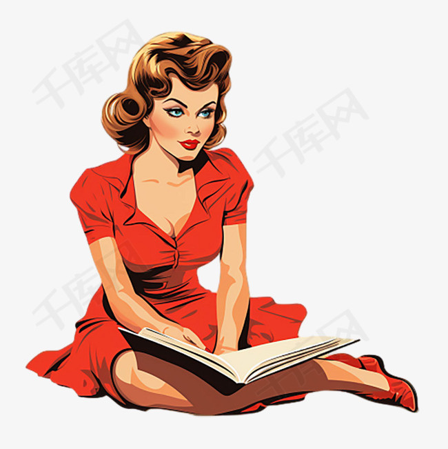 阅读红裙元素立体免抠图案