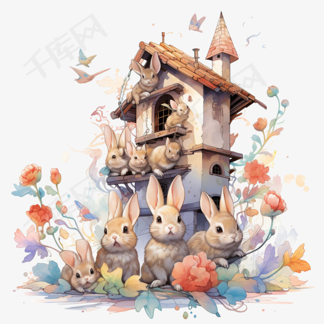 兔子房屋元素立体免抠图案