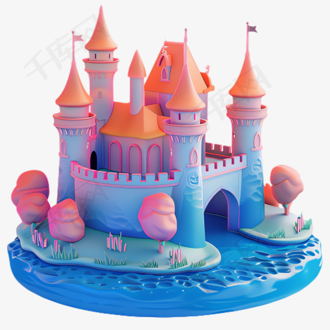 城堡河流元素立体免抠图案