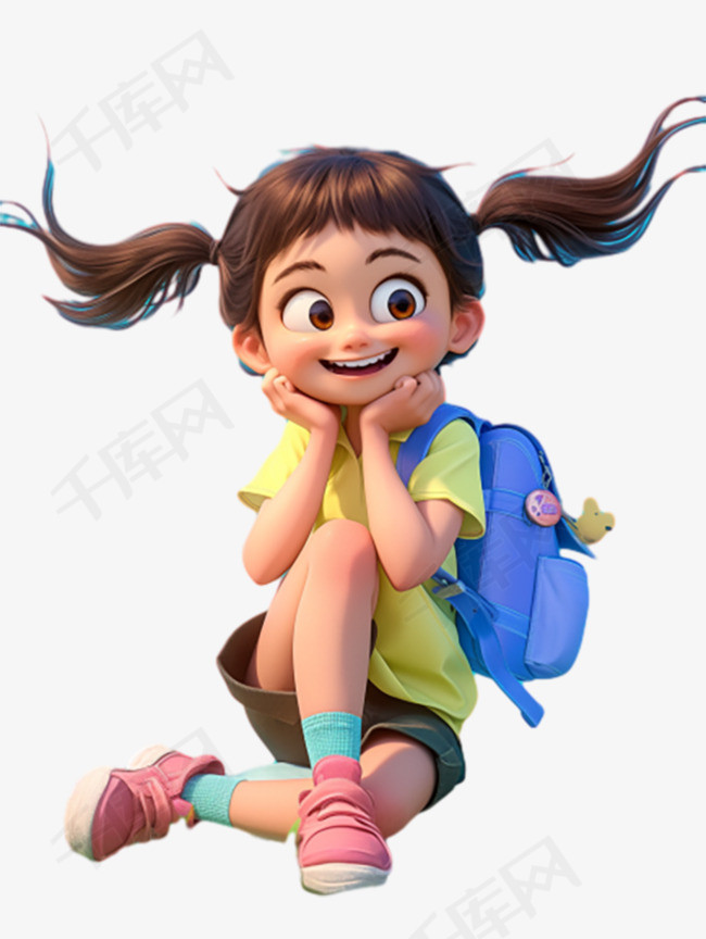 可爱背着书包的3D小女孩小学生