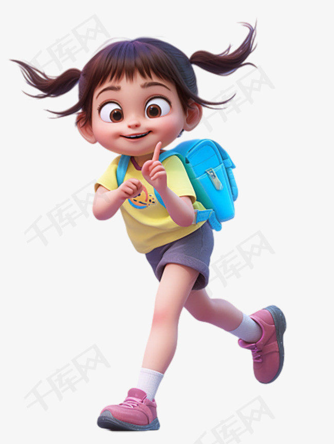 可爱背着书包的3D小女孩小学生