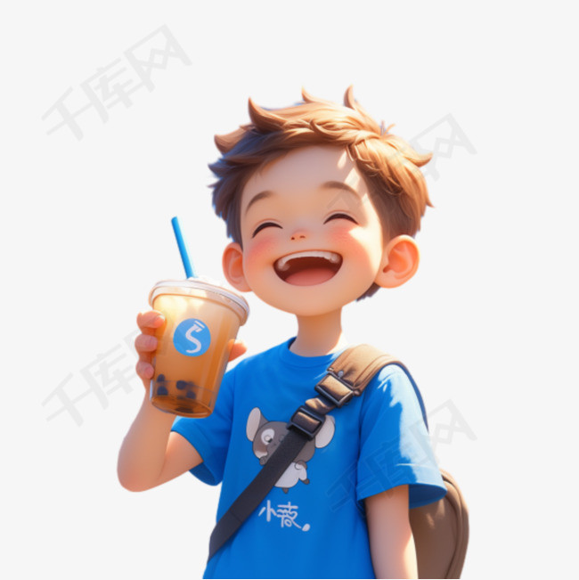 喝奶茶的少年卡通人物形象素材