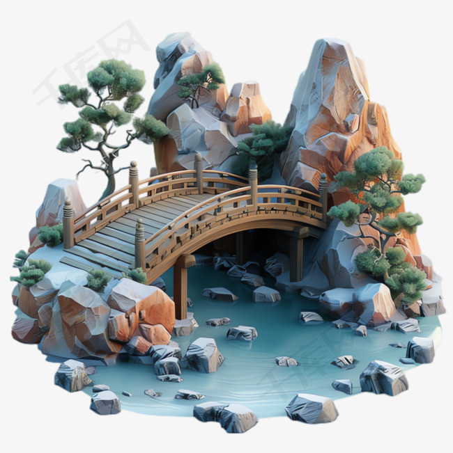 山水木桥元素立体免抠图案