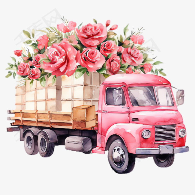 卡车粉玫瑰元素立体免抠图案