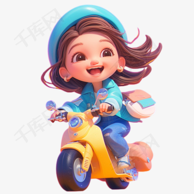 春天骑车的女孩3D卡通形象素材