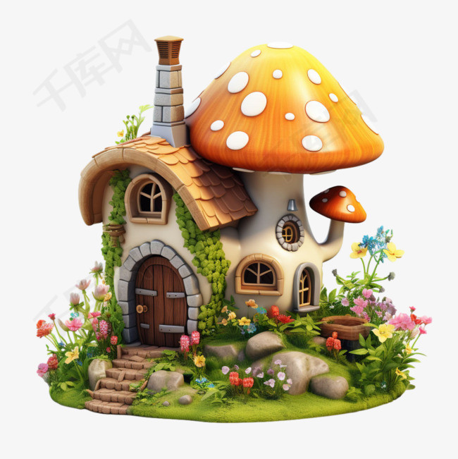 蘑菇房屋元素立体免抠图案
