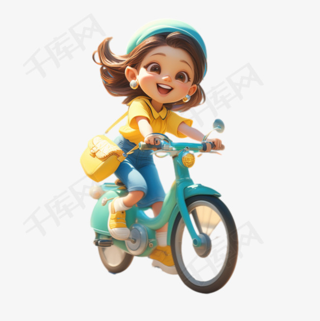 春天骑车的女孩3D卡通形象png图片