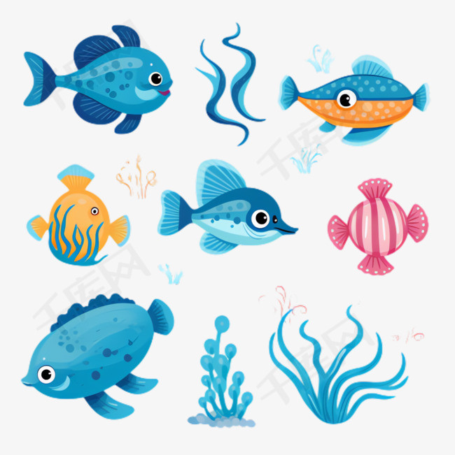 多彩小鱼元素立体免抠图案