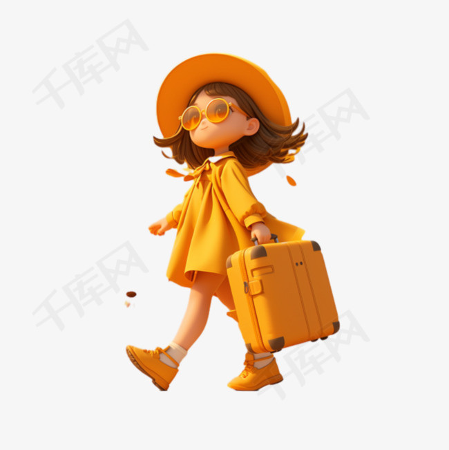 春天拖着行李箱旅游的女孩3D形