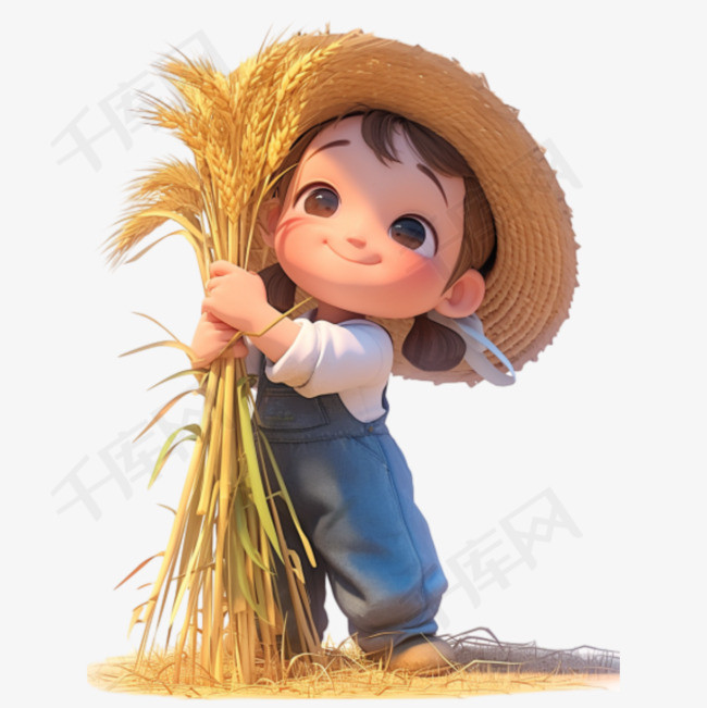 种植小麦的女孩3D人物PNG素材