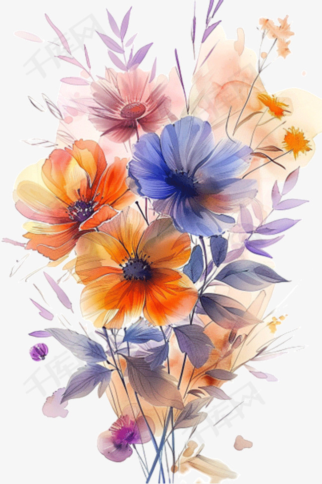 水彩插画手绘免抠花朵元素