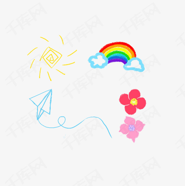 手绘卡通太阳彩虹飞机小花素材