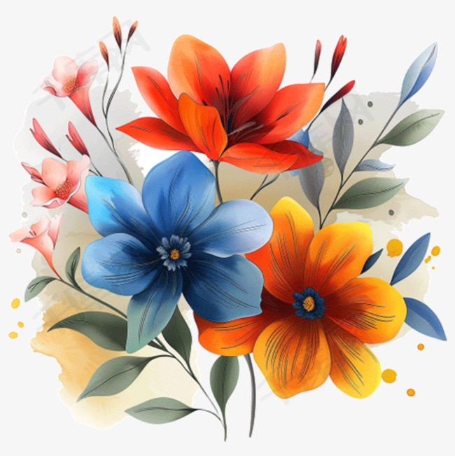 花朵蓝色黄色免抠夏季手绘元素