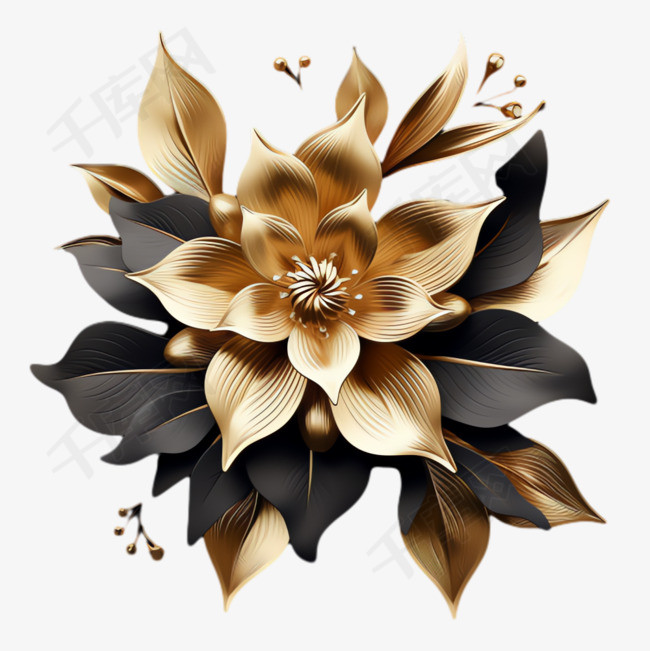 黄金花朵元素立体免抠图案