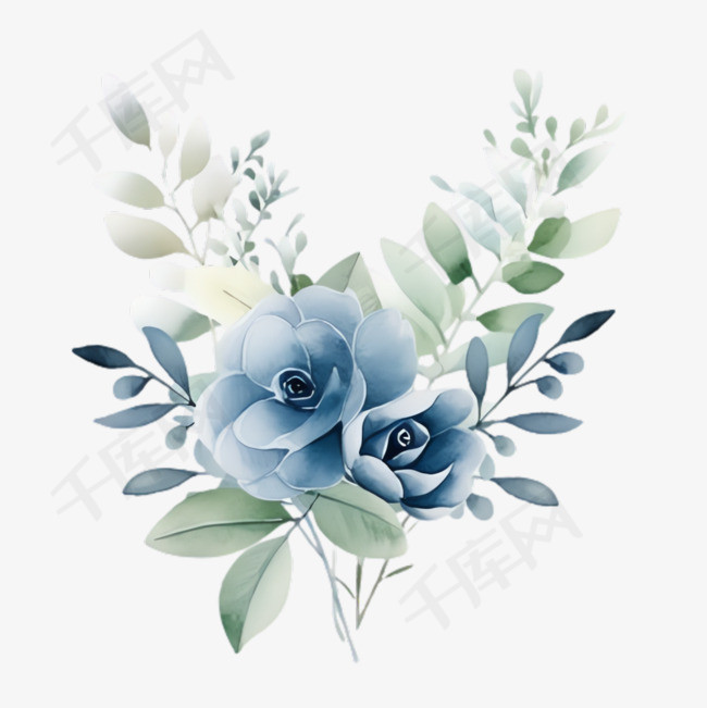 蓝花树叶元素立体免抠图案