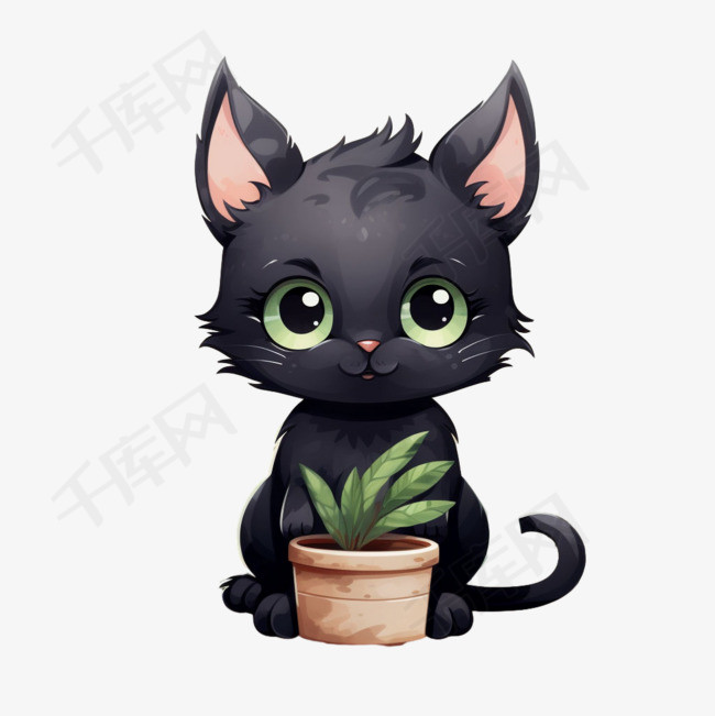 黑猫绿叶元素立体免抠图案