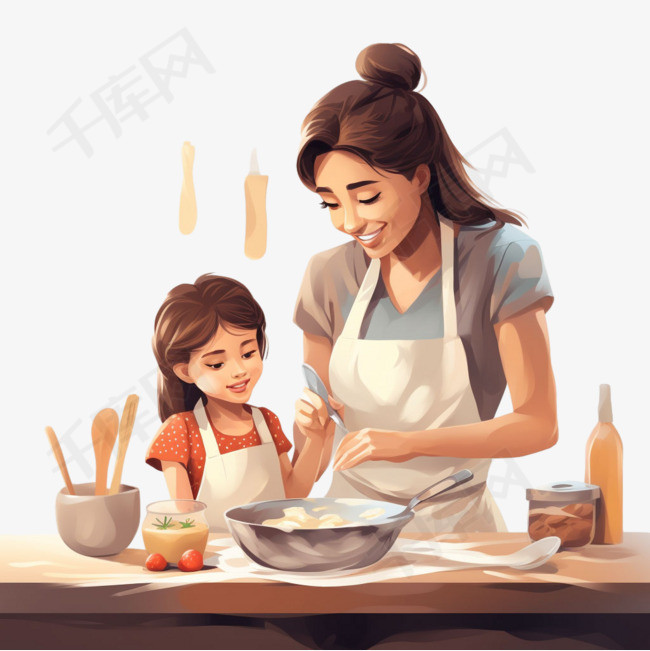 母女烹饪元素立体免抠图案