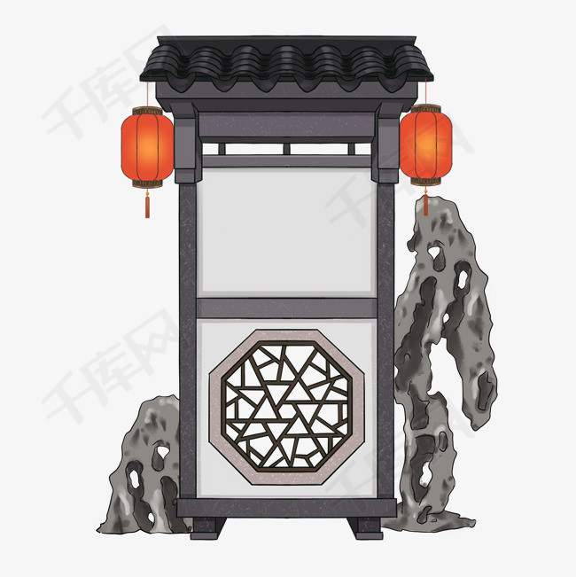 中式灯笼建筑门头假山边框免抠元