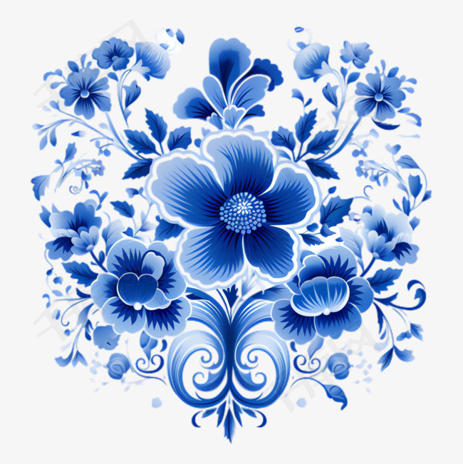 蓝色花纹元素立体免抠图案