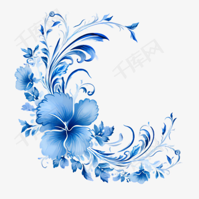 蓝色花纹元素立体免抠图案