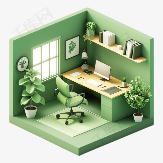 绿色书房元素立体免抠图案