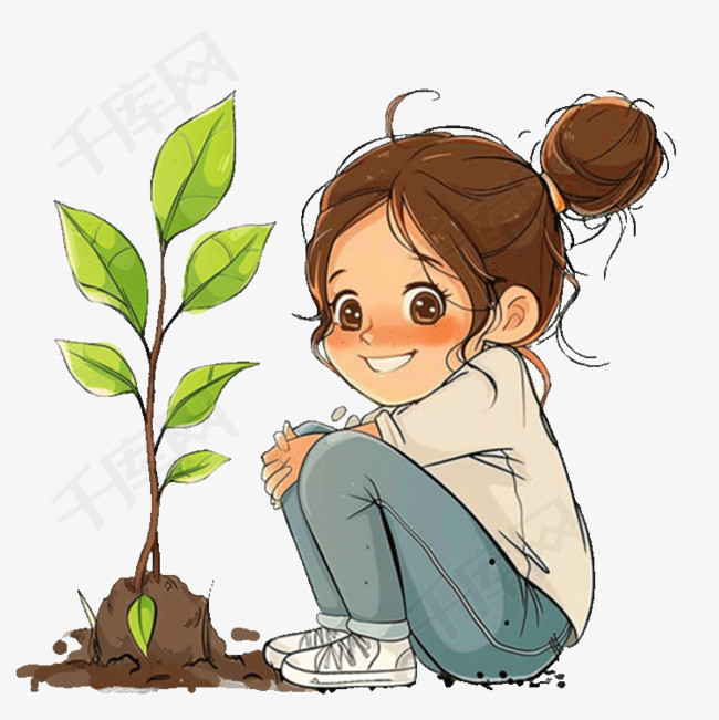 女孩植物免抠元素手绘