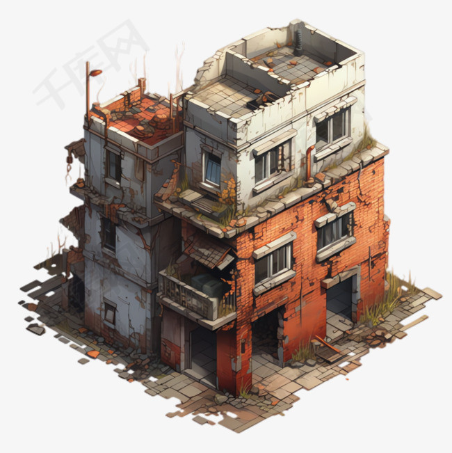废墟房屋元素立体免抠图案