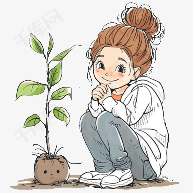 女孩植物手绘免抠元素