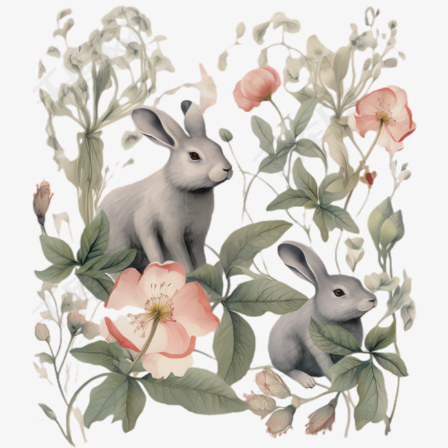 兔子花朵元素立体免抠图案