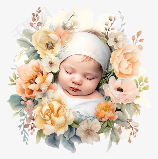 婴儿鲜花元素立体免抠图案