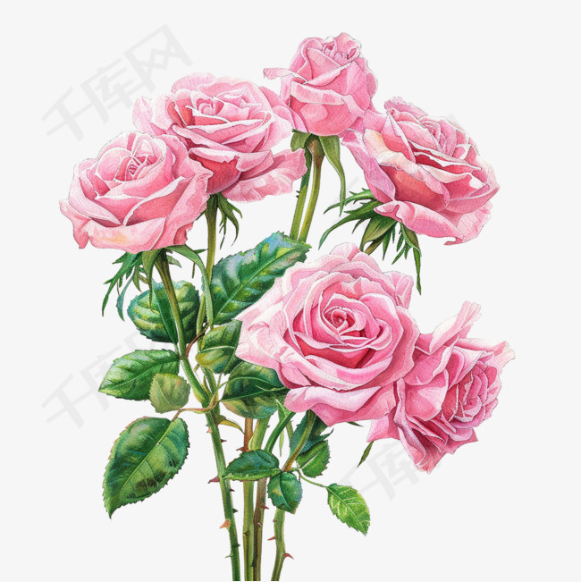 粉玫瑰绿叶元素立体免抠图案