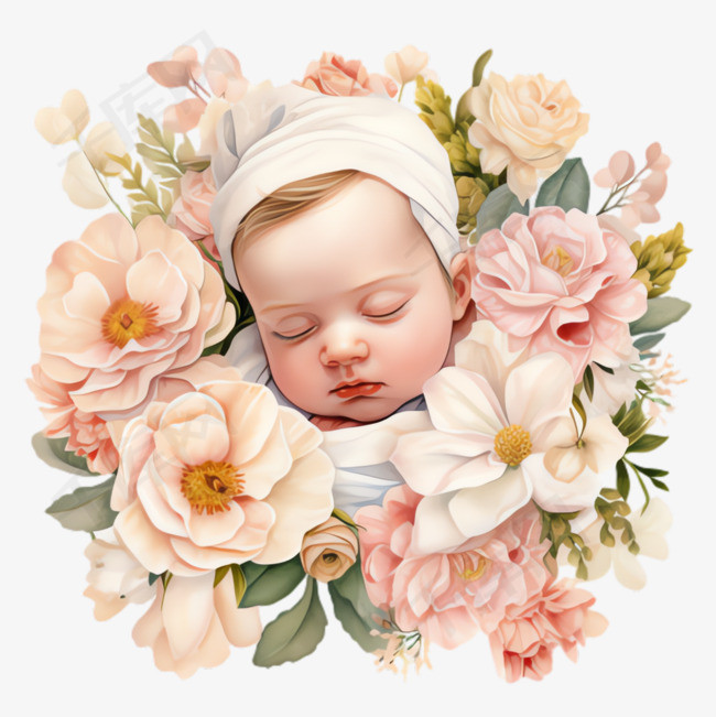 婴儿鲜花元素立体免抠图案