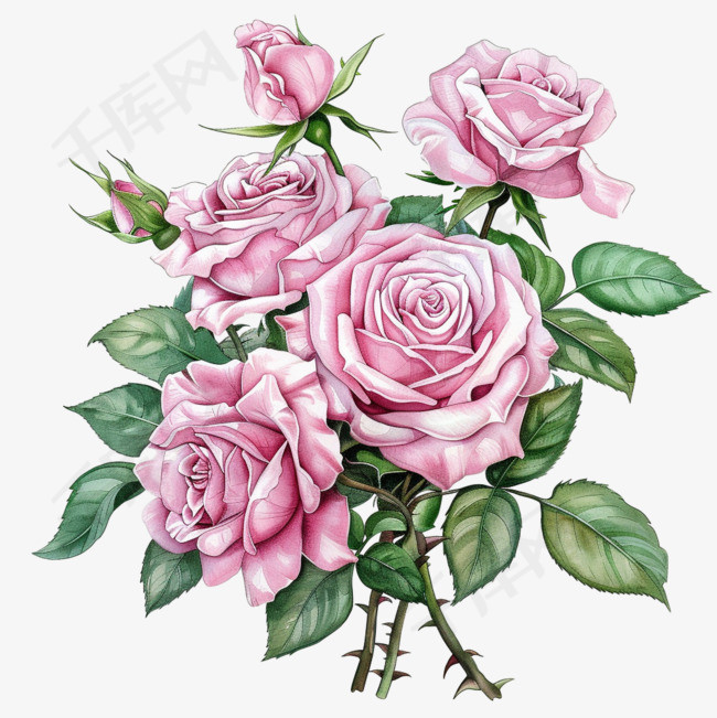 粉玫瑰绿叶元素立体免抠图案