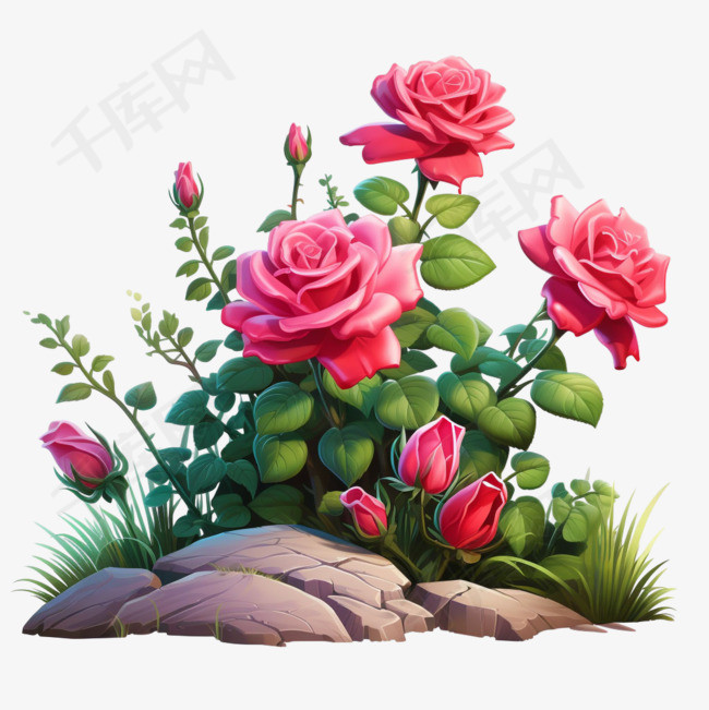 粉色玫瑰花元素立体免抠图案